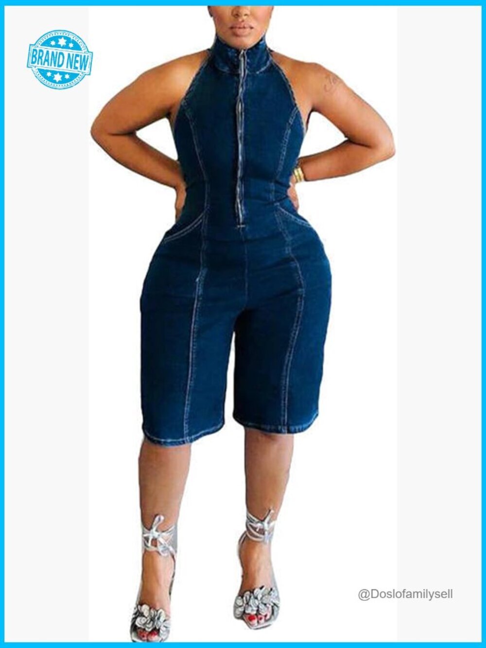 Denim Jumpsuit Sleeveless Halter Neck Open Back Romper Overalls Y2K Zipper Front